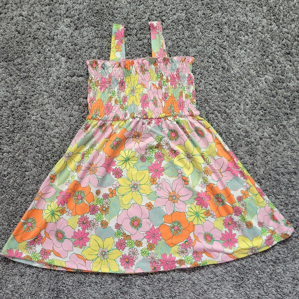 Zunie Pink Yellow Orange Floral Smocked Sundress Size 4/5T